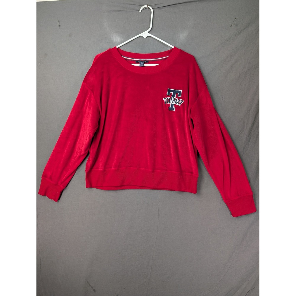 Tommy Hilfiger Womens Red Velour Logo Sweatshirt‎  Size Medium